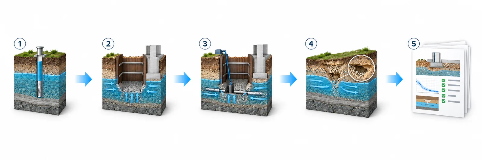 Schematic sequence showing groundwater conditions, construction impact, drainage and dewatering, geological processes, and engineering recommendations