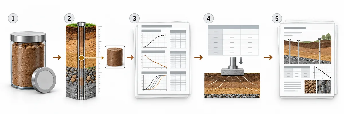 Five-stage workflow from soil sample identification through laboratory results and engineering parameters to final report integration