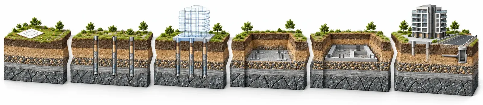 Panoramic engineering illustration showing project support stages from early planning and investigation through design, excavation, foundation verification and continuing support